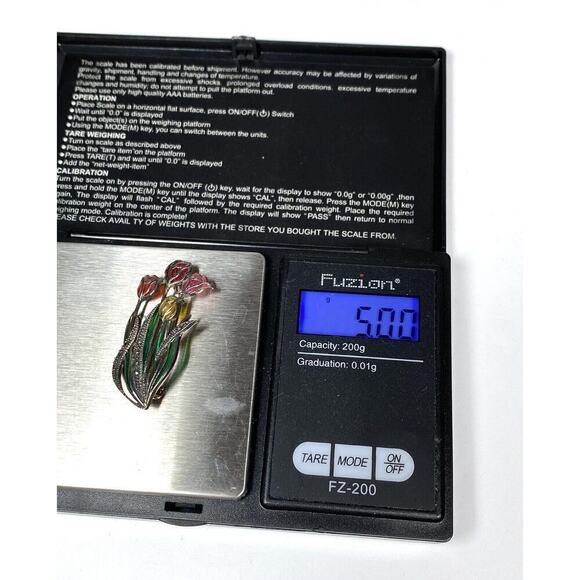 925 Sterling Silver Epoxy Tulips Marcasite Flowers Pin vintage - Picture 8 of 8